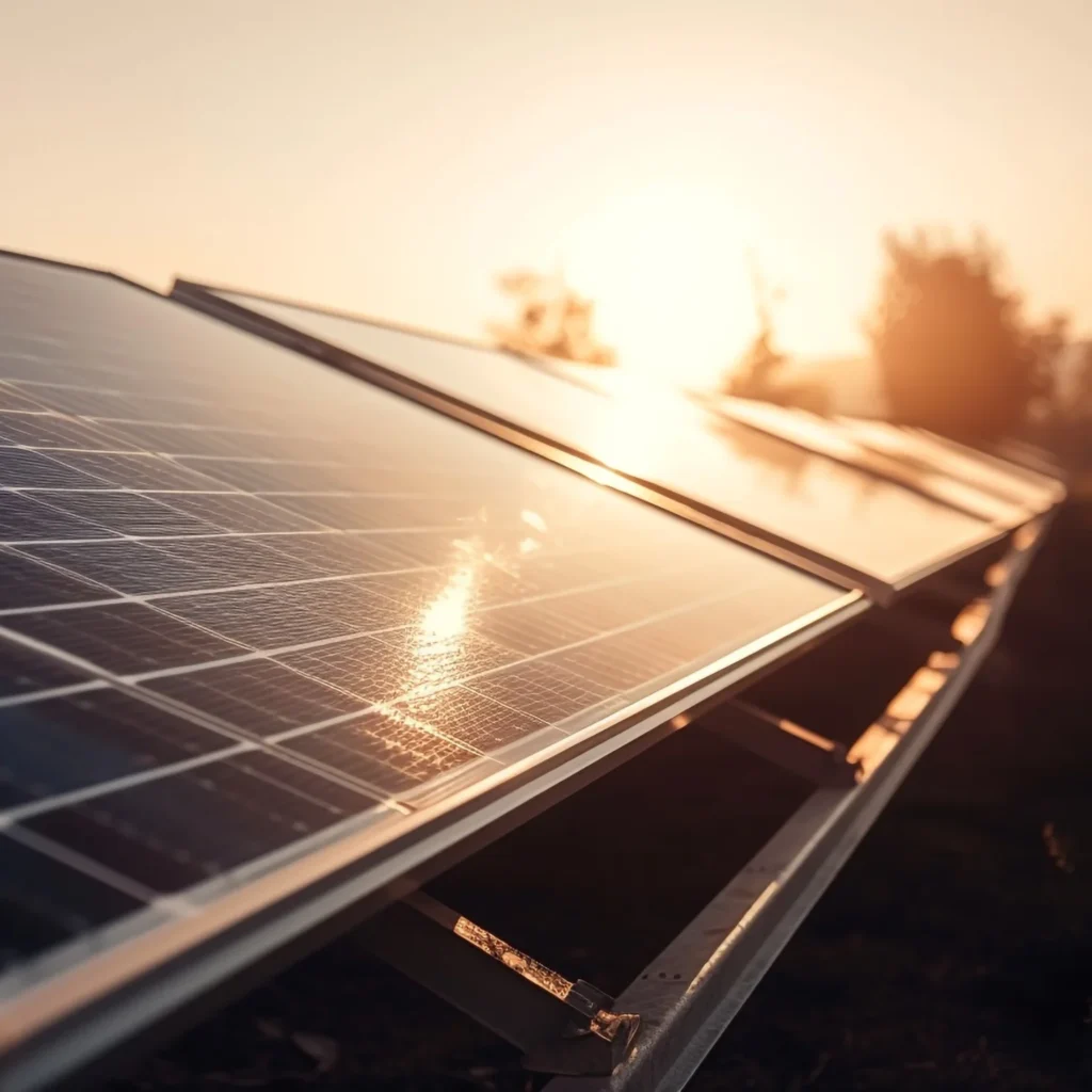 Telhado com placas de energia solar ao por do sol